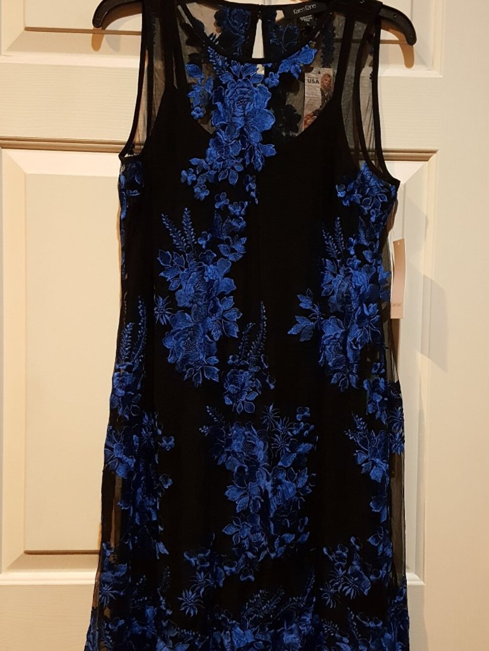 Karen Kane 4L66072 Black Mesh/Blue Floral Embroidered Stretch Tulle Dress L $198